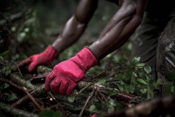 Obraz premium Close-Up of Muscular Forearms in Red Safety Gloves Pulling Branches After a Storm