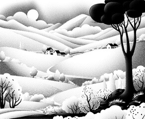 Obraz premium Fields rolling hills and mountains farm landscape background illustration with countryside mountains, sunrise sun, clouds and trees. Original rural background drawing in vintage pointillism dot style