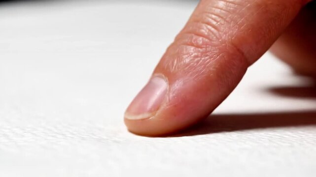 A close-up of a finger touching a white textured surface with a subtle shadow