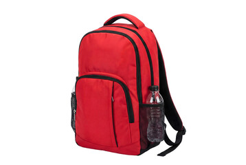 Fototapeta premium Red backpack with a water bottle in a side mesh pocket on a black background Isolated on white PNG