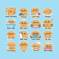 Obraz premium Cute Dog Sticker Set with 12 Kawaii Puppy Daily Activities for Kids