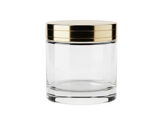 Clear glass jar with gold lid isolated on transparent background