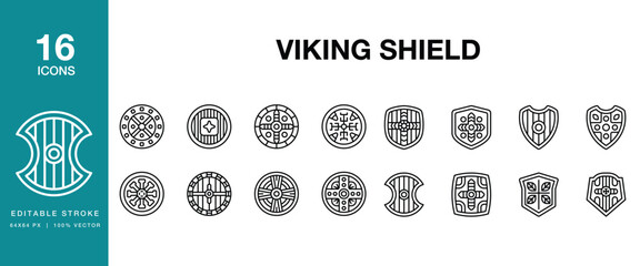 Fototapeta premium Viking Shield icon set. Includes shield, armor, defense, protection, guard, warrior and More. Editable Stroke Icon Collection.