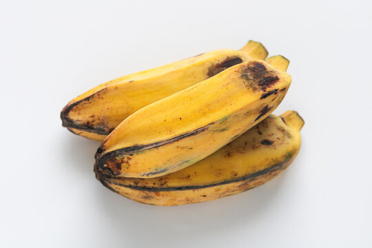 Three saba bananas (pisang kepok) isolated on a white background.