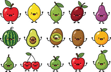 Cute cartoon fruit characters set isolated on white background, smiling food mascots illustration for kids design vector collection © Boony