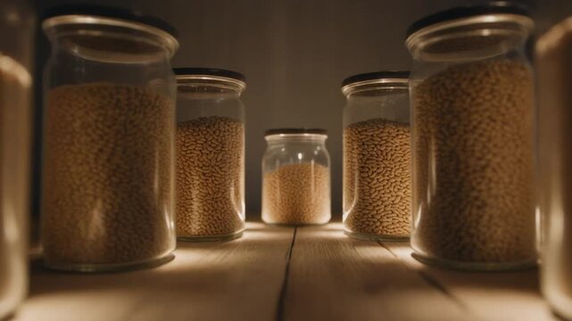 A line of glass jars filled with various quantities of brown grains, illuminated from within