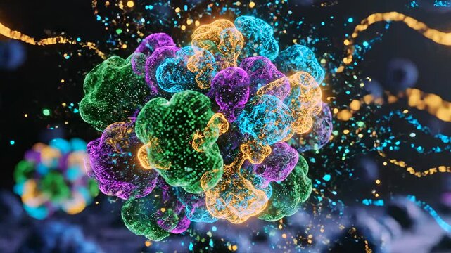 Colorful viral clusters float and erupt, microscopic neon corona particles burst in dark field, virologist simulation for lab presentation with glowing filaments and dynamic fragmentation