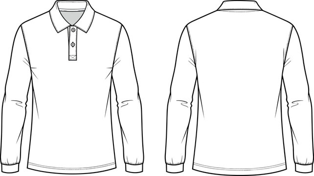 Men's long sleeve polo shirt vector technical drawing fashion flat sketch template front and back view white apparel design illustration.