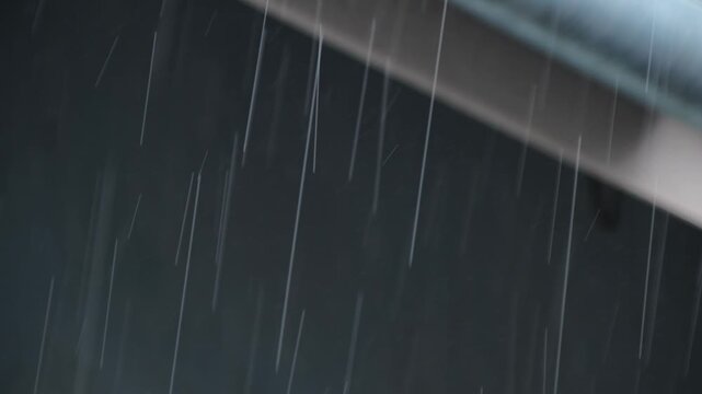Heavy rain falling from house roof during tropical storm with dark background for weather concept