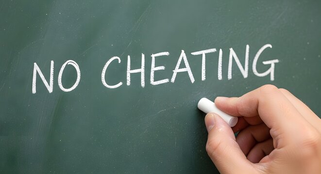 Close Up Hand Writing No Cheating Warning on School Chalkboard