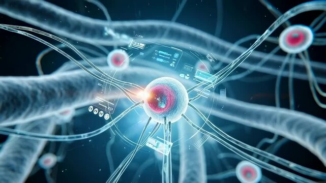 Futuristic neurons with holographic interface overlay, neural node emits pulses with HUD diagnostics, neurologist research scene showing axon pathways and interactive data readouts