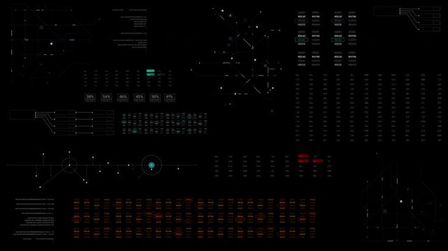 4K animation of futuristic HUD data interface overlay with digital charts, code elements, and technology graphics. Ideal for video editing, presentations, and cyber themed projects