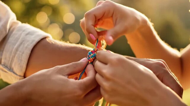 A close-up shot of two people tying a colorful beaded bracelet around a wrist