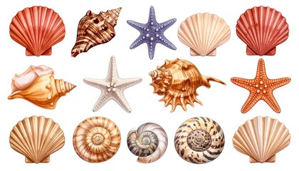 Collection of Diverse Seashells and Starfish on White Background.