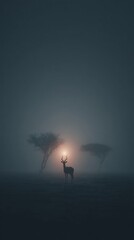 Fototapeta premium A serene sunset casts a warm glow through dense fog, revealing a solitary deer standing gracefully. Silhouettes of trees frame this peaceful scene, creating a moment of quiet beauty