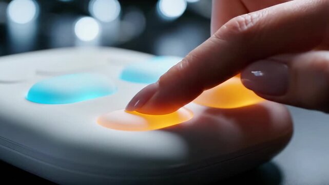 A close-up of a hand pressing a glowing blue button on a white device