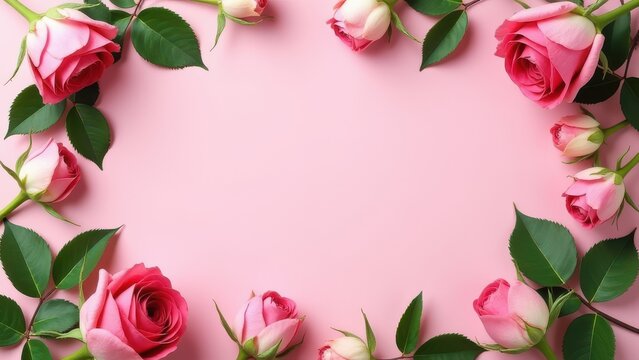 frame made of rose flowers and green leaves on pink background springtime floral composition with open copy space for text banner concept of floristry greeting cards design business