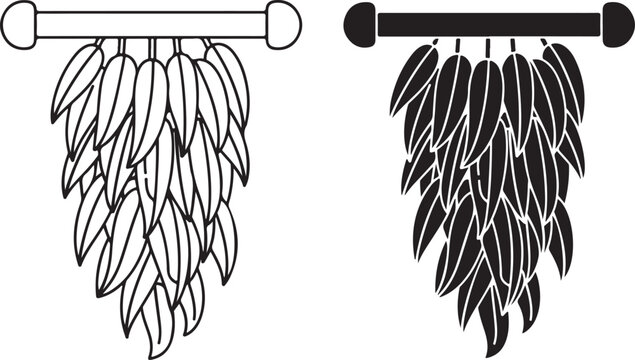 Two distinct types of feather arrangements hanging from horizontal bars isolated on white background, illustration