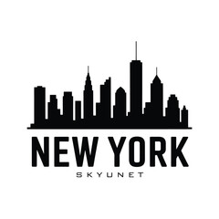 A stark black silhouette of the new york city skyline with text