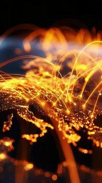 Illuminated Global Network Connections: A Dynamic Representation of Data Flow and Communication Across Europe with Luminous Trails and Complex Paths