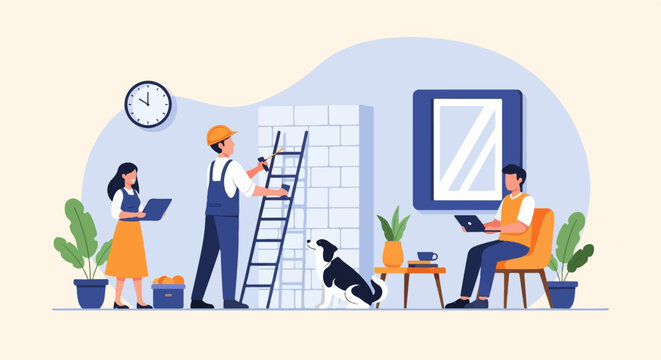 People working and relaxing at home with a dog