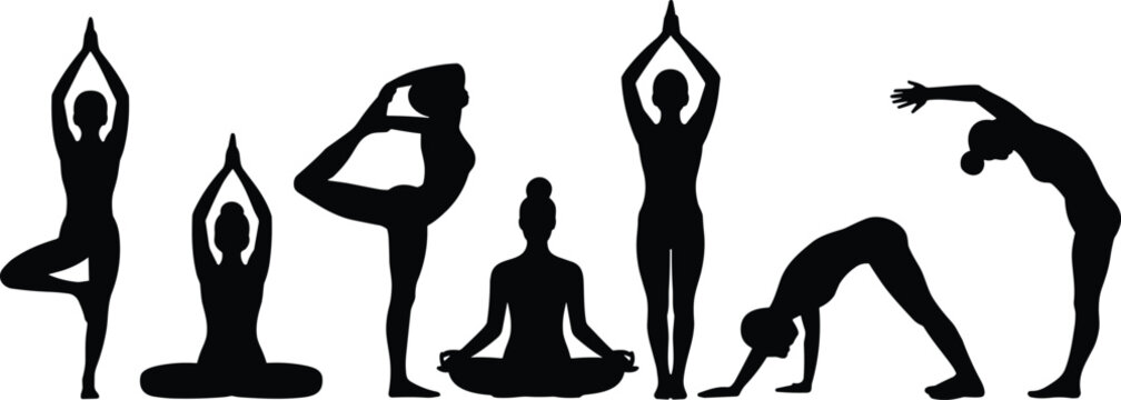 Seven yoga pose silhouettes in sequence, flexibility, balance, meditation, wellness, physical discipline, calm energy, fitness, flat vector illustration