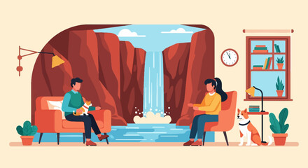 Naklejka na ściany i meble People and pets relax indoors with a stunning waterfall view