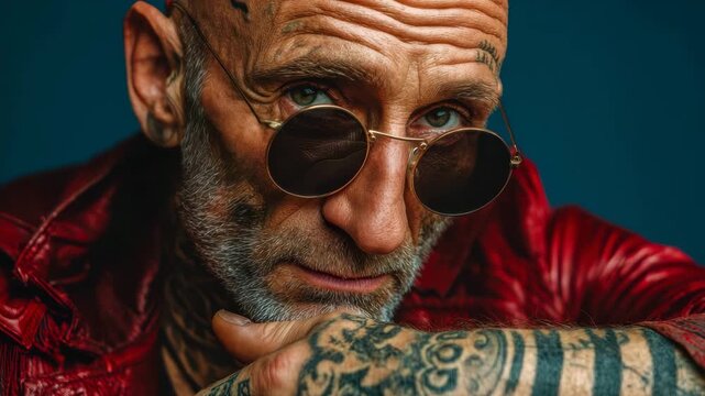 Tattooed man in red jacket with sunglasses