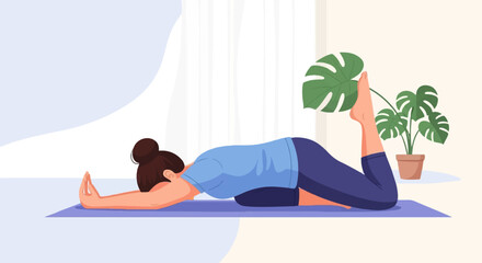 Obraz premium Woman practicing yoga pose on a mat, indoor plant nearby