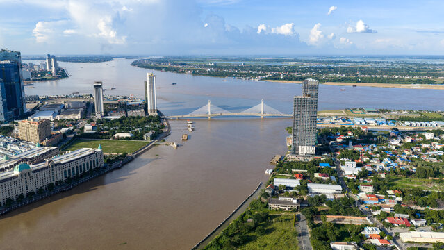 Skyline cityscape view of the river waterfront of Phnom Penh with the Tonle Sap and Mekong river located in Phnom Penh, Cambodia.