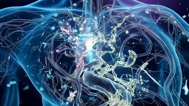 transparent torso reveals pulsing neural pathways around heart and chest, glowing signals trace circulation and nodal clusters, intertwining vascular and nerve structures rendered