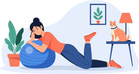 Obraz premium Woman exercising on a ball with dog and plant in a room