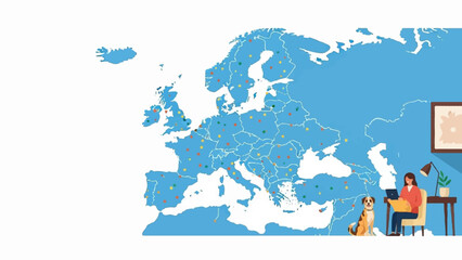 Obraz premium Woman and dog at desk with laptop in front of a map of Europe with dots