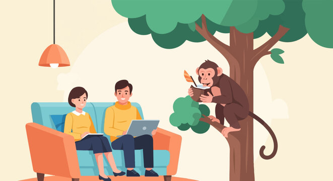 People on couch working with laptop while monkey drinks from coconut in tree