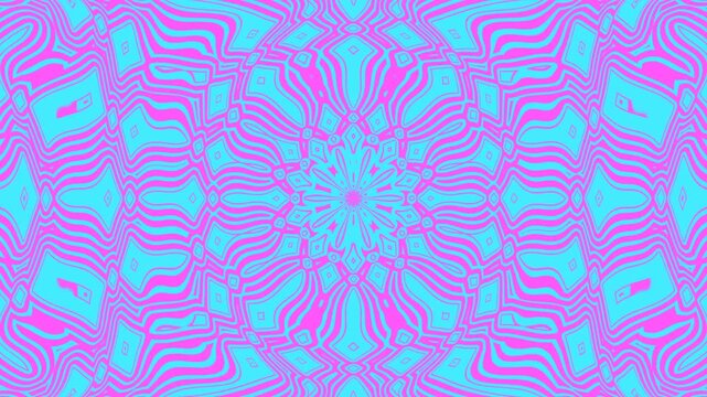 Kaleidoscopic abstract background of pink blue op-art star. Seamless hypnotic, trippy psychedelic animation a geometric backdrop