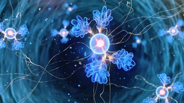 Blue dendrite clusters firing through neuronal tunnel, synaptic petals bloom transmitting currents in depth vortex, neuroscientific mapping sequence with luminous filaments and propagation