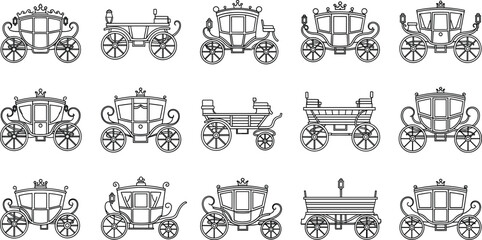 Obraz premium Vintage Horse Carriage and Wagon Outline Icon Set with Royal Coaches and Classic Transport Vehicles for Historical, Fairytale, and Retro Design