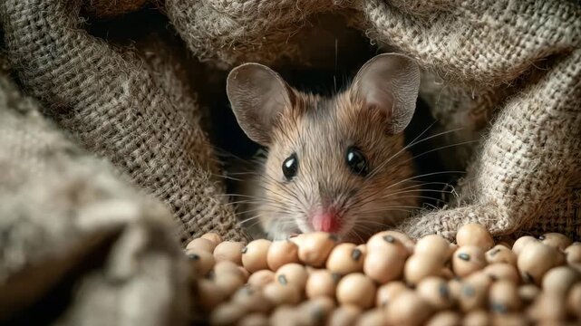 Mouse hiding in burlap sack and eating soybeans