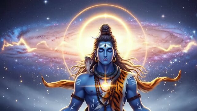Shiva maha shivaratri spiritual motion of cosmic meditation with glowing galaxy aura divine energy for worship mindfulness festival visual content