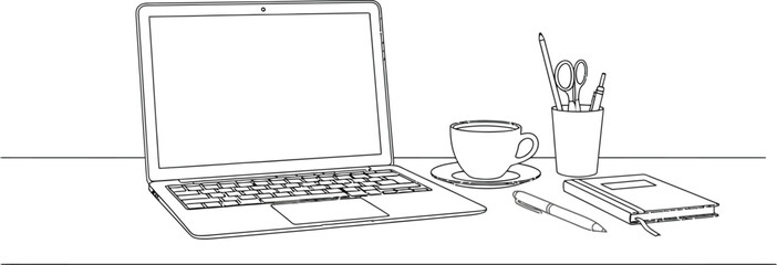 Fototapeta premium Simple line art depiction of an organized minimalist desk setup featuring an open laptop coffee cup and essential writing tools ready for work
