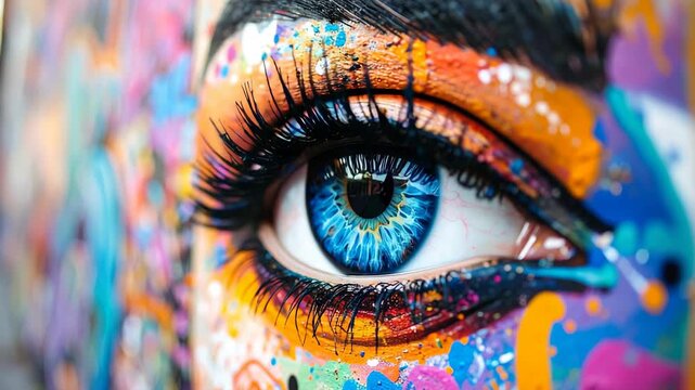 Extreme close up of a blue human eye with colorful paint splatters and dramatic eyelashes