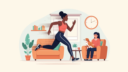 Woman running indoors, woman with dog relaxing on sofa, interior scene