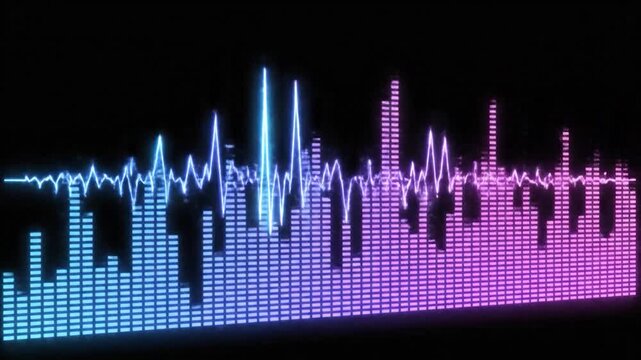 Glowing, animated equalizer and waveform visualizer in shades of blue to purple on a black background