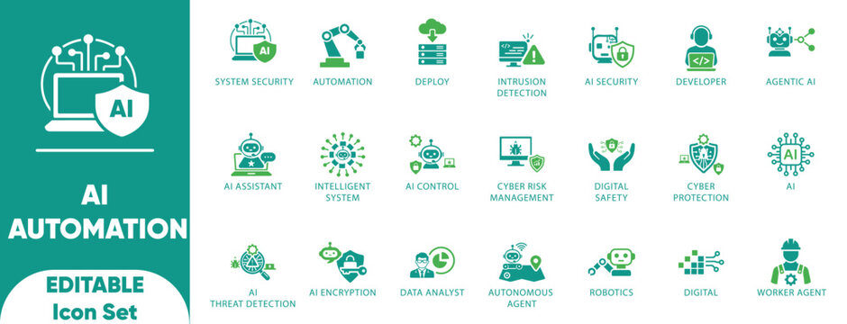 AI Automation solid icon set.AI,Robotics,Automation,Technology,Security,System,and vector.