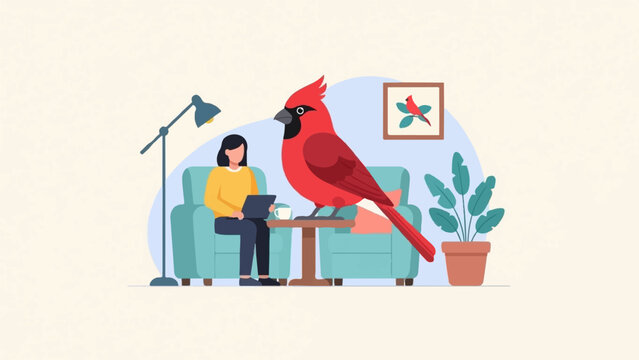 Woman sits on couch with laptop as large cardinal perches on table