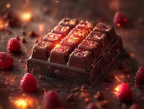 Artistic chocolate delight composition featuring fresh raspberries and light effects