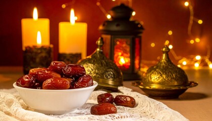 Fototapeta premium Traditional Ramadan still life with dates on a plate, glowing lanterns and candles, warm golden light, festive Islamic decor, serene evening atmosphere, spiritual, elegant