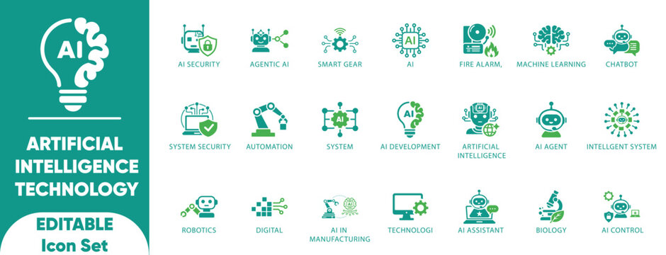 Artificial Intelligence Technology icons set.Features robotics, security, chatbot, and learning vectors. Perfect for automation UI, smart manufacturing, and eco-tech.