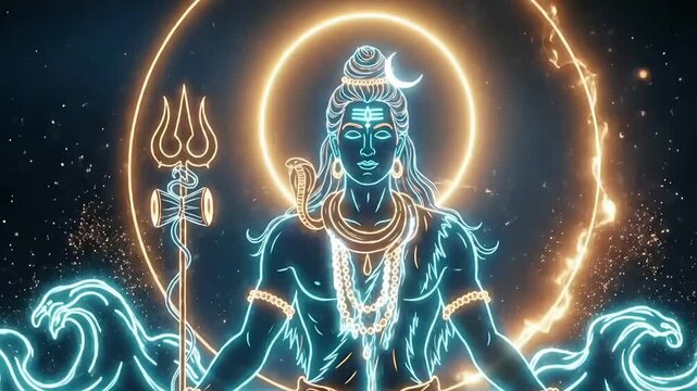 Shiva neon meditation motion with cosmic aura spiritual energy flow maha shivaratri hindu devotion calm focus modern abstract visuals