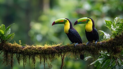 Fototapeta premium Colorful keel-billed toucans amid lush green canopy in Central America